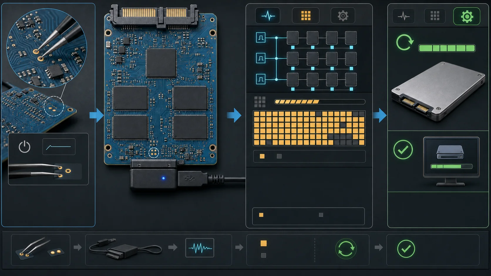 Silicon Motion SSD workflow from ROM-mode shorting and stable connection through CH/CE and bad-block testing to final ISP verification