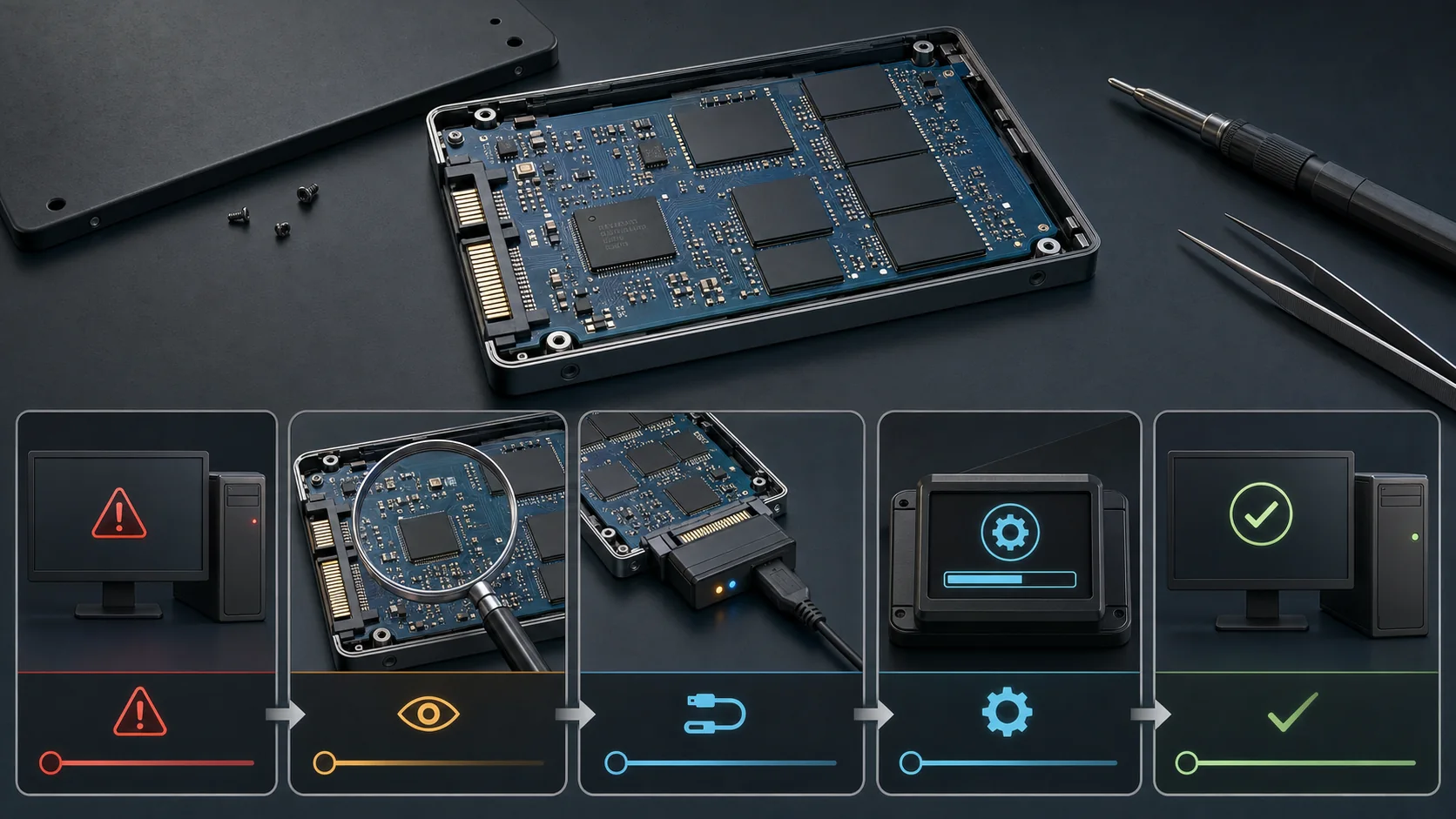 Workflow for a severely failed SSD, from diagnosis and hardware inspection to engineering-mode connection, initialization, and full-drive verification